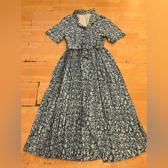 PETALLUSH blue Floral Midi Pleated Dress Size XL women With Belt Casual N20 - Picture 2 of 3